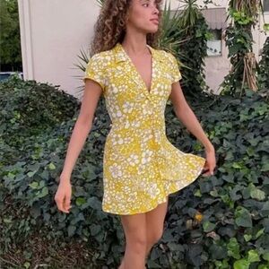 60’s Mod Style Floral Yellow White Women's Mini Dress